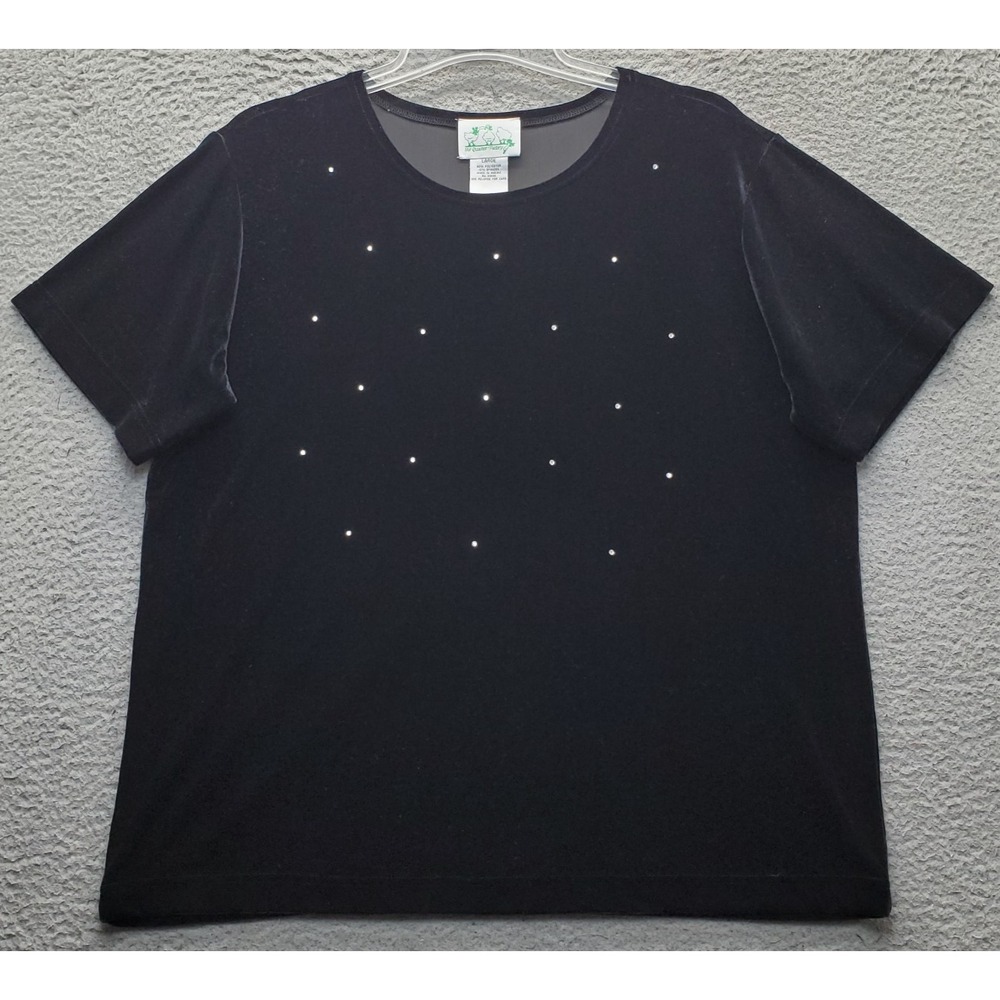 The Quacker Factory Blouse Top Womens L Black Velvet Rhinestone Short Sleeve EUC